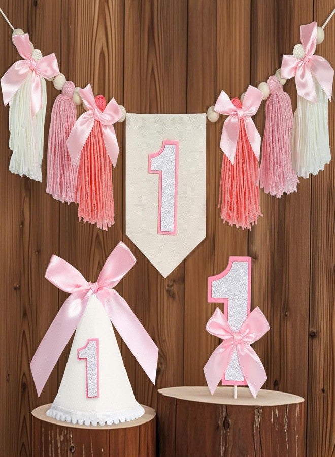 Lonfliness 3 Pcs Pink Bow 1st High Chair Banner Baby Girl First Birthday Party Decoration Set Pink Bow Cone Hat One High Chair Banner Cake Topper for Baby Shower Princess 1st Birthday Party Supplies - Image 1